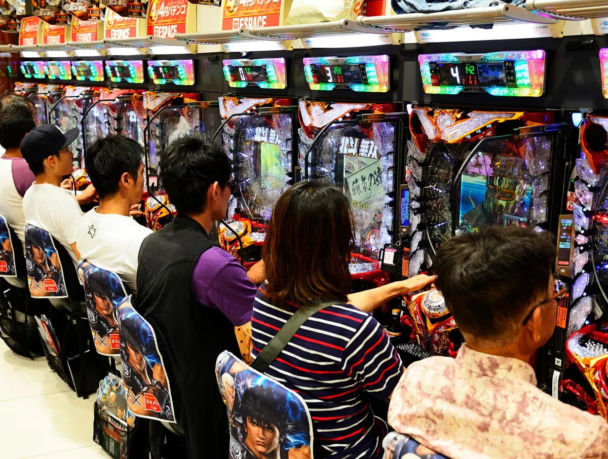 Busy entertainment zone pachinko hall